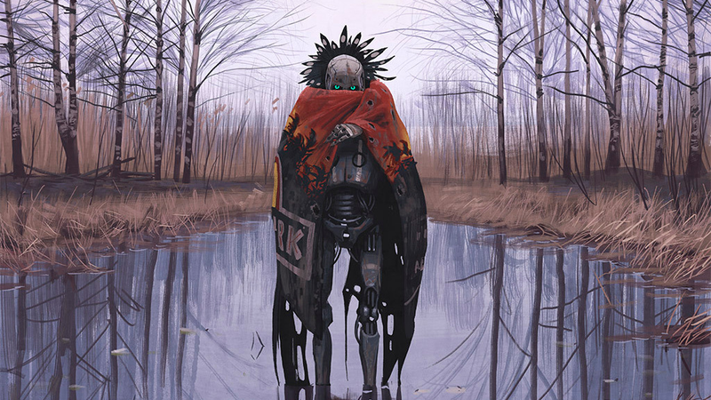 A Vagabond from Things From The Flood, seemingly wearing a Jurassic Park banner as a cloak.